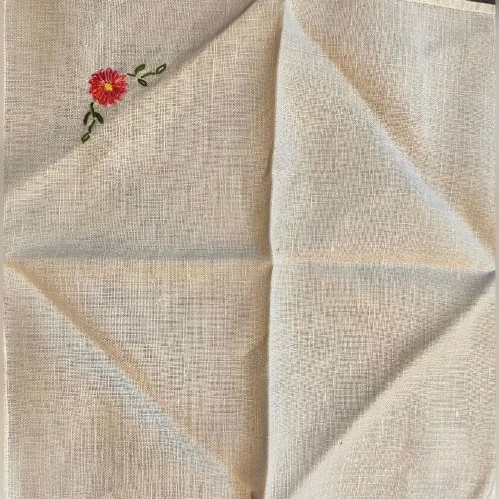 Vintage Set Of 3 Napkins Pink Flower Embroidered Linen 10” Square